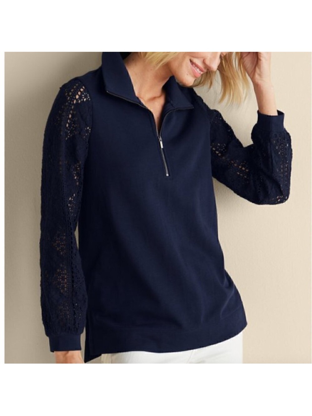 Soft Surroundings Crochet Sleeve French Terry Tunic Navy Blue NWT Size XL
